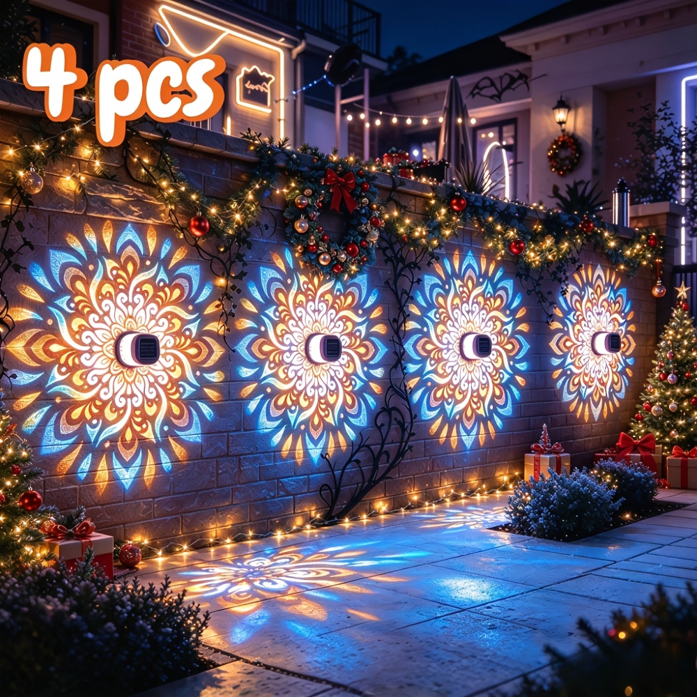 TEMU Paquete de 4 luces de pared solares, para uso en exteriores, luces de pared recortadas de plástico con mándala de 16 colores, adecuadas para