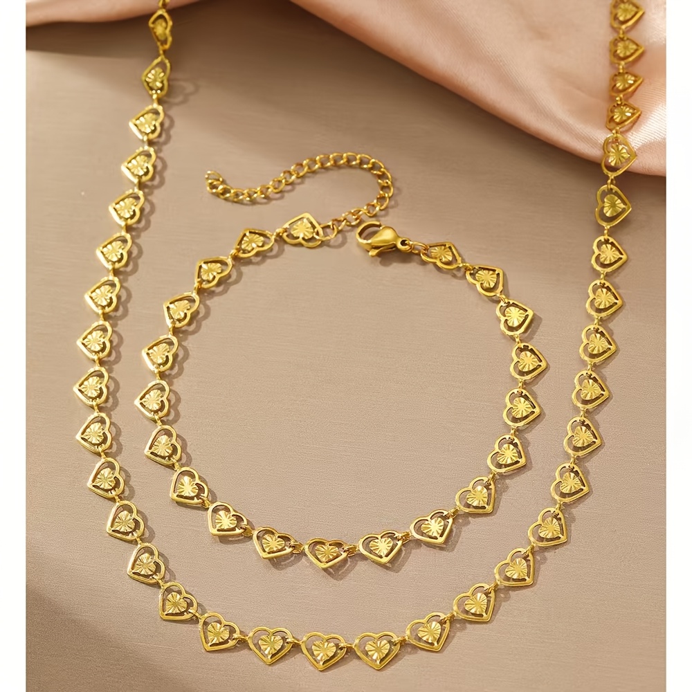 Image of 2pcs Necklace + Bracelet Elegant And Cute Stainless -to-heart Chain Casual Vacation Mother's Day Versatile Set For Women