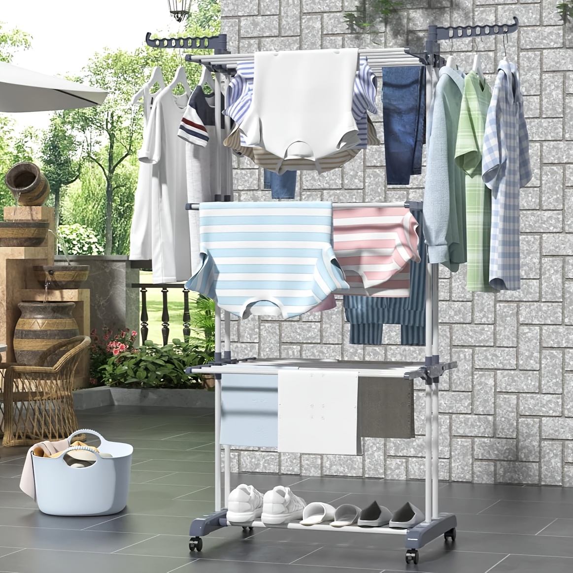 TEMU Séchoir à linge à quatre niveaux de grande capacité, séchoir à linge roulant réglable avec barre de séchage pliable, grand séchoir à linge avec