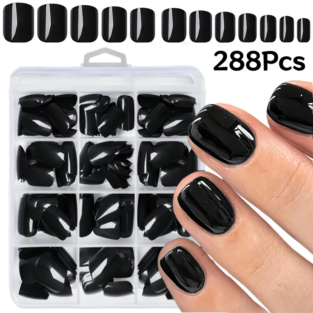 TEMU 288pcs Short Square Head Press-on False Nails, Black Glossy False Nail Set, Easy To Handle And Diverse Styles, 12 Sizes, Suitable For Women And