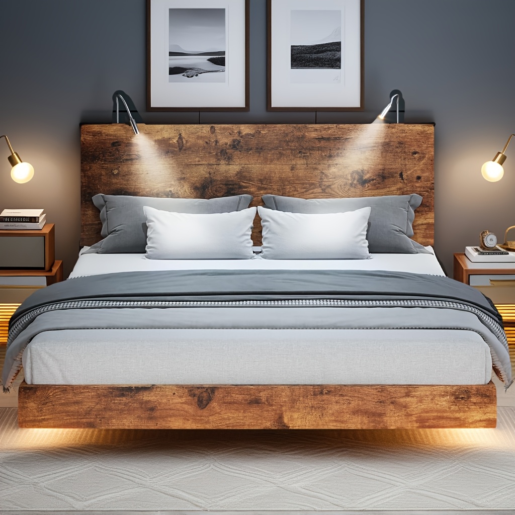 HOMBCK Floating Bed Frame with LED Lights | Reading Lamp | HOMBCK