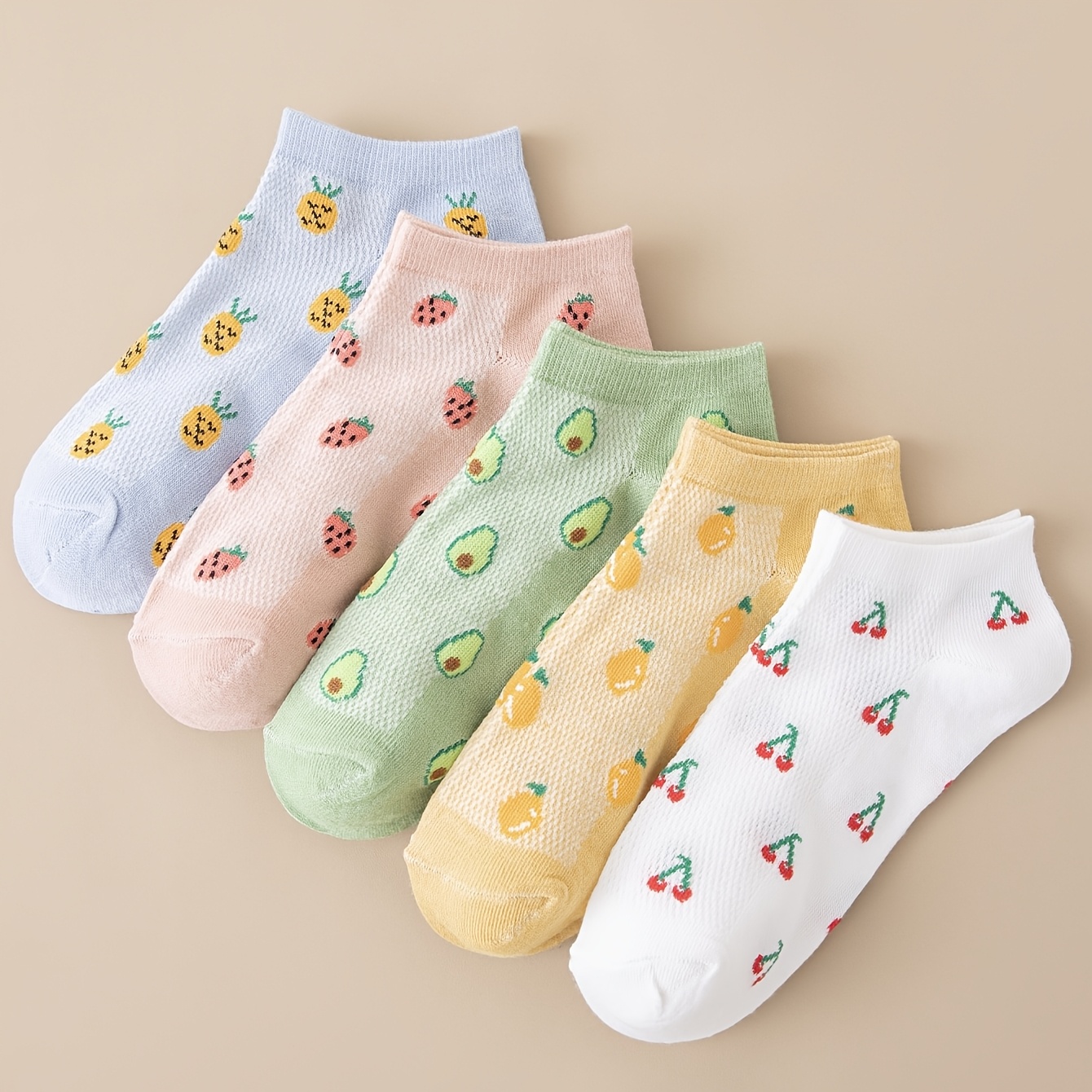 TEMU 5 Pairs Women's Breathable Mesh Ankle Socks With Fruit & Vegetable Patterns - Athletic Arch Suitable For Running, Basketball, Soccer, Casual
