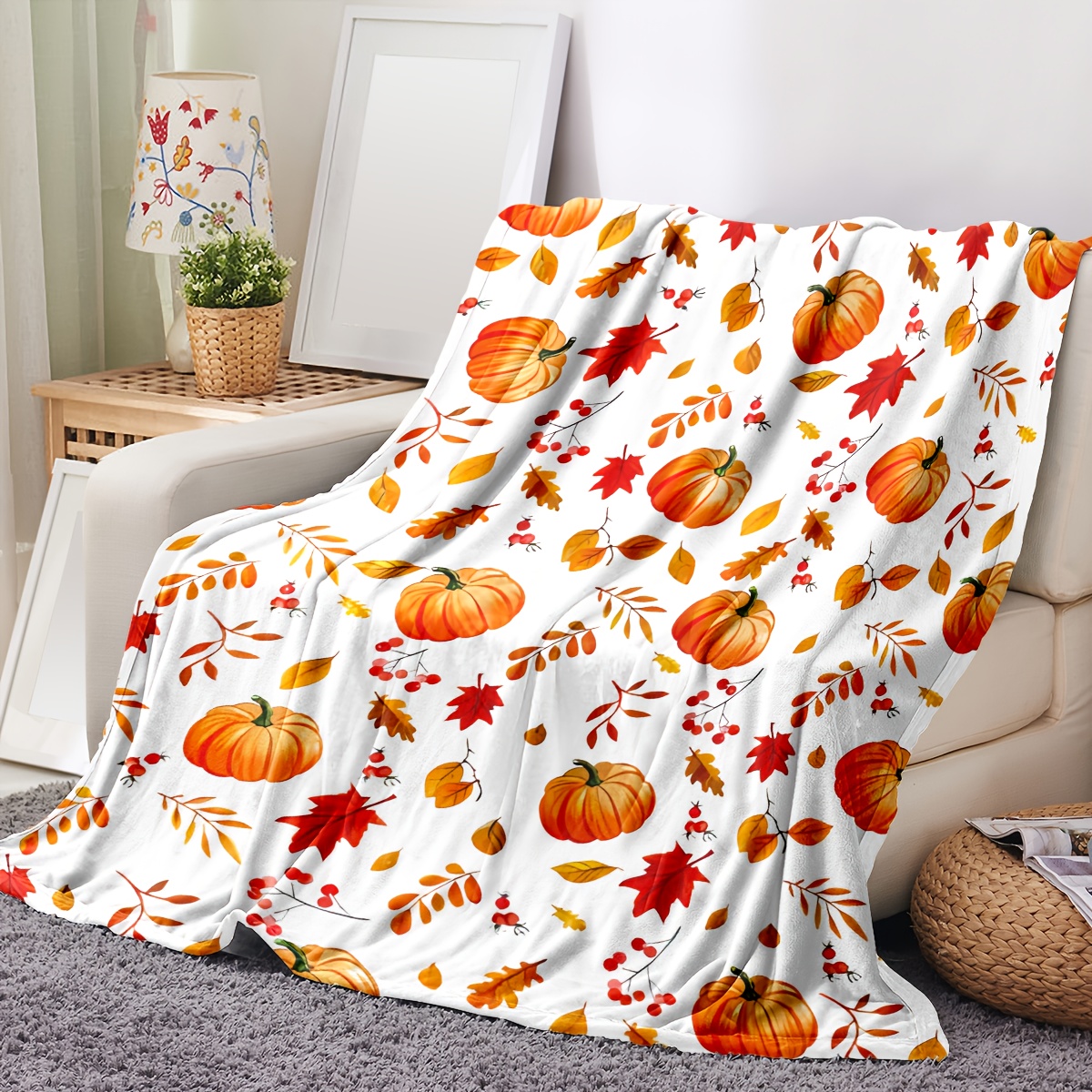 TEMU 1 Couverture en Flanelle à et Citrouille, Douce et Chaude pour Canapé, Bureau, Camping, Voyage – Cadeau Polyvalent pour les Fêtes