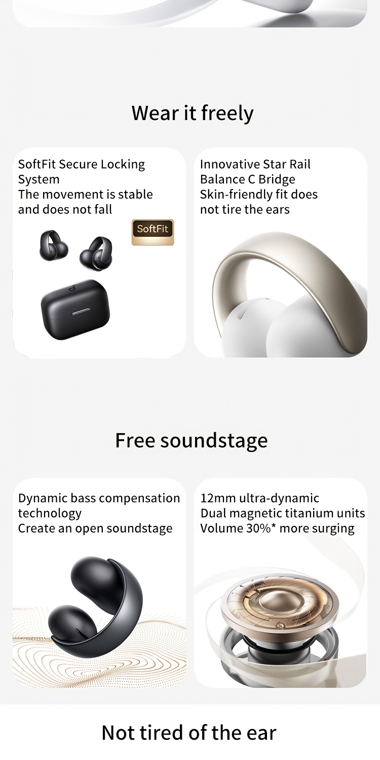 Soundcore AeroClip van Anker, Clip-on Oordopjes, Open-ear Ontwerp, Adaptief Comfort, 4 Microfoons met AI voor Helder Gesprek, 12mm Drivers voor Krachtige Bas, Open-loop Ontwerp, Sportieve Hardloopoordopjes met Botgeleiding Concept, Niet-insteek Ontwerp Compatibel met Alle Telefoons