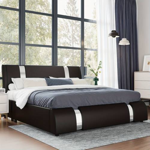 bed frame with modern iron pieces decor leather platform bed with curved adjustable headboard wood slat support spring required