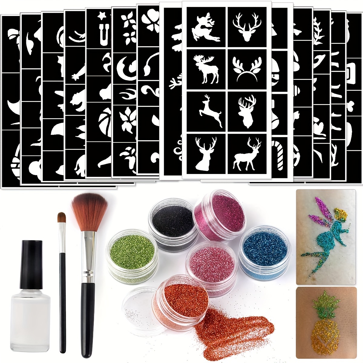 

Temporary Glitter Tattoo Kit With 14 Hollow Stencil Sheets For Sparkling Body Art, 2 Brushes, 1 Bottle Of Body Glue, 6 Jars Of Metallic Glitter, Perfect For Festive Parties, Face & Body Makeup Set