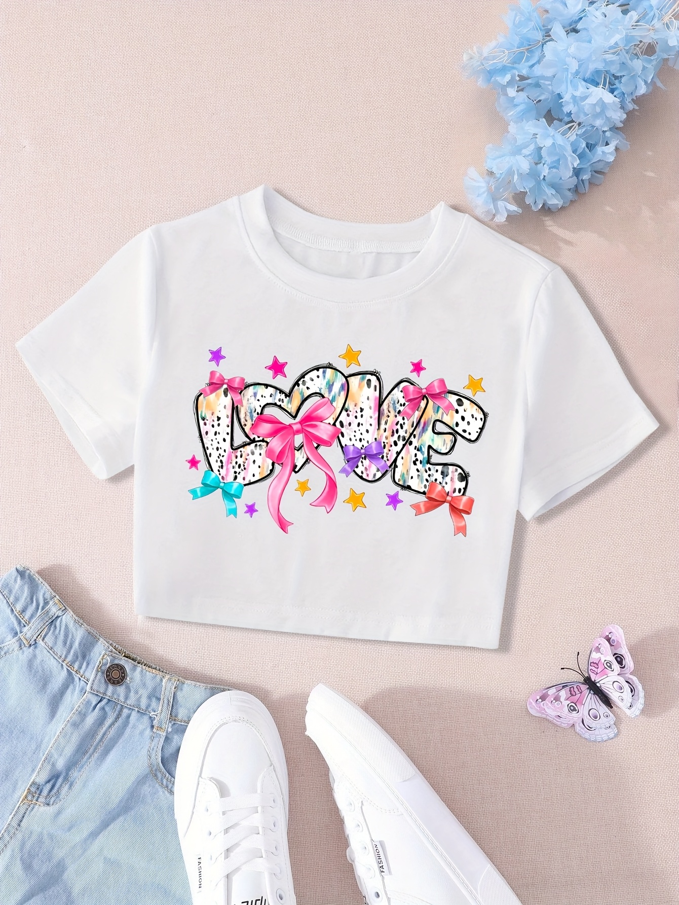 Girls' Summer White Cropped T-Shirt with Cute Love Letter Print Rainbow  Bow Accent Fit Short Sleeve Round Neck Top, Pink Bow Hearts on LOVE