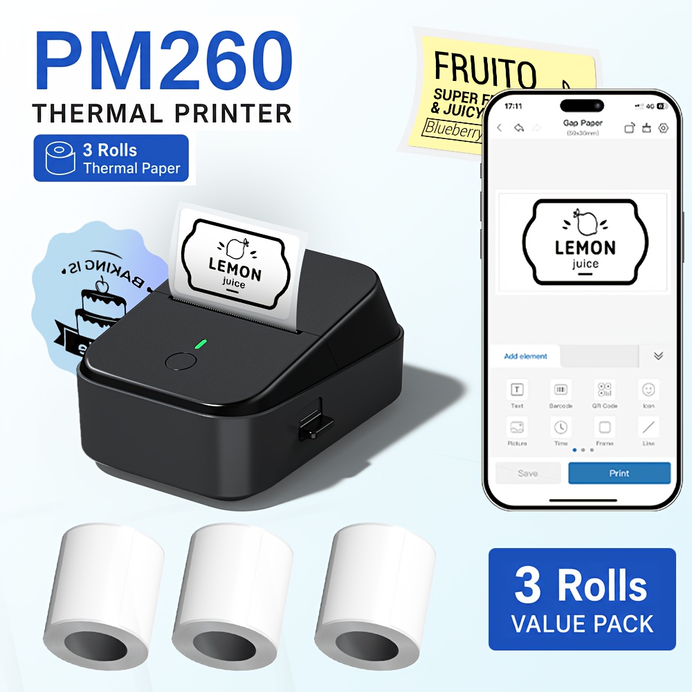 Pm260 Maker, Thermal Printer For Home And Business Organization With Paper Rolls, Auto-identification, No Ink Required