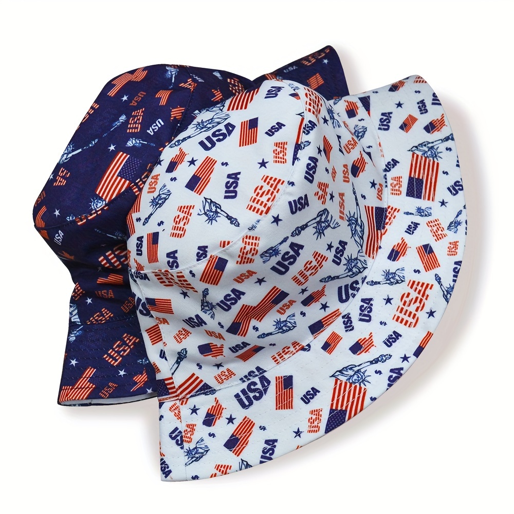 Usa Cartoon Print Bucket Hat Trendy Reversible American Flag