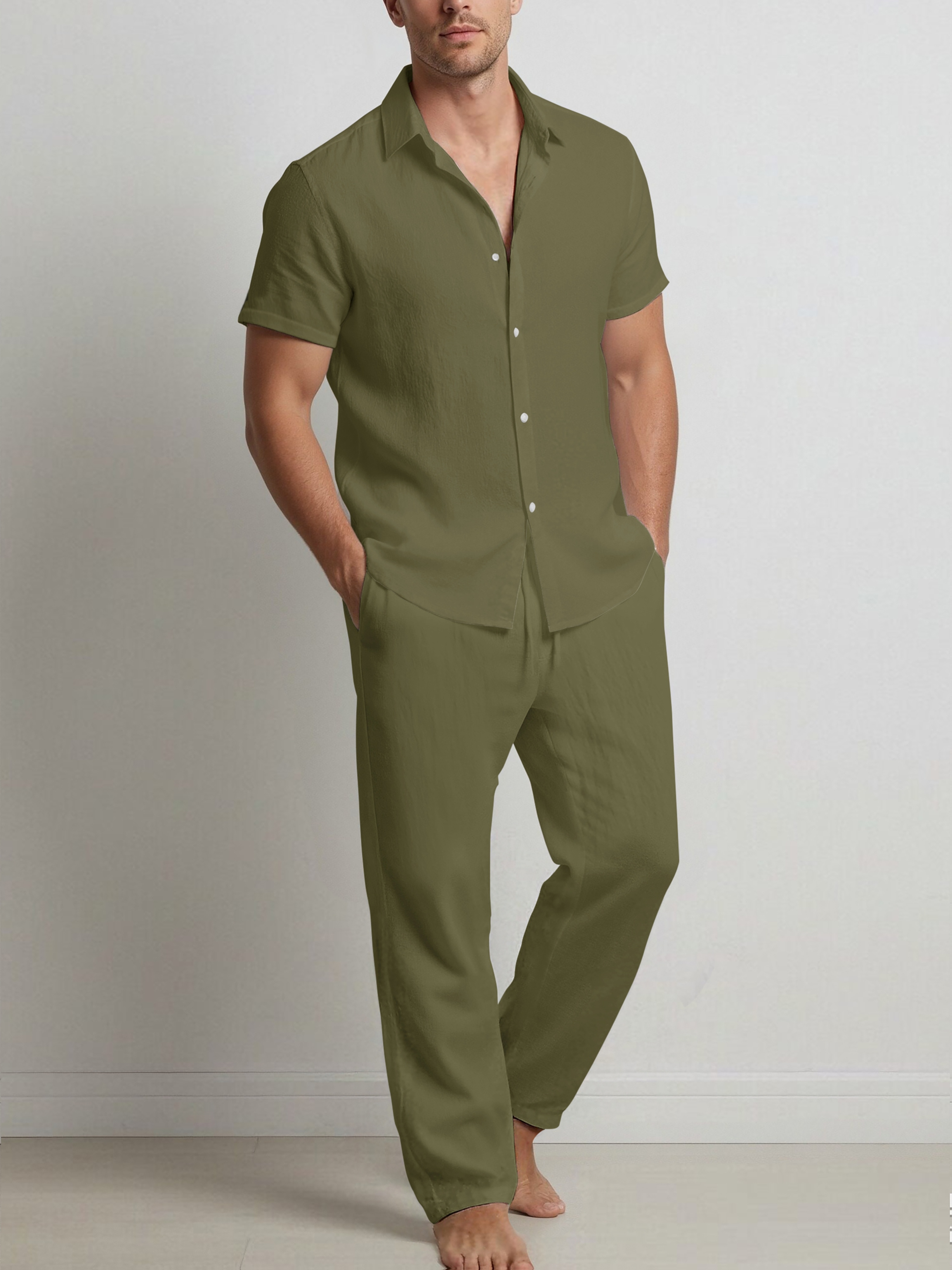Men's Fashionable Solid Color Cotton- Shirt and Trousers Set, Casual Breathable 2pcs Outfit for Men