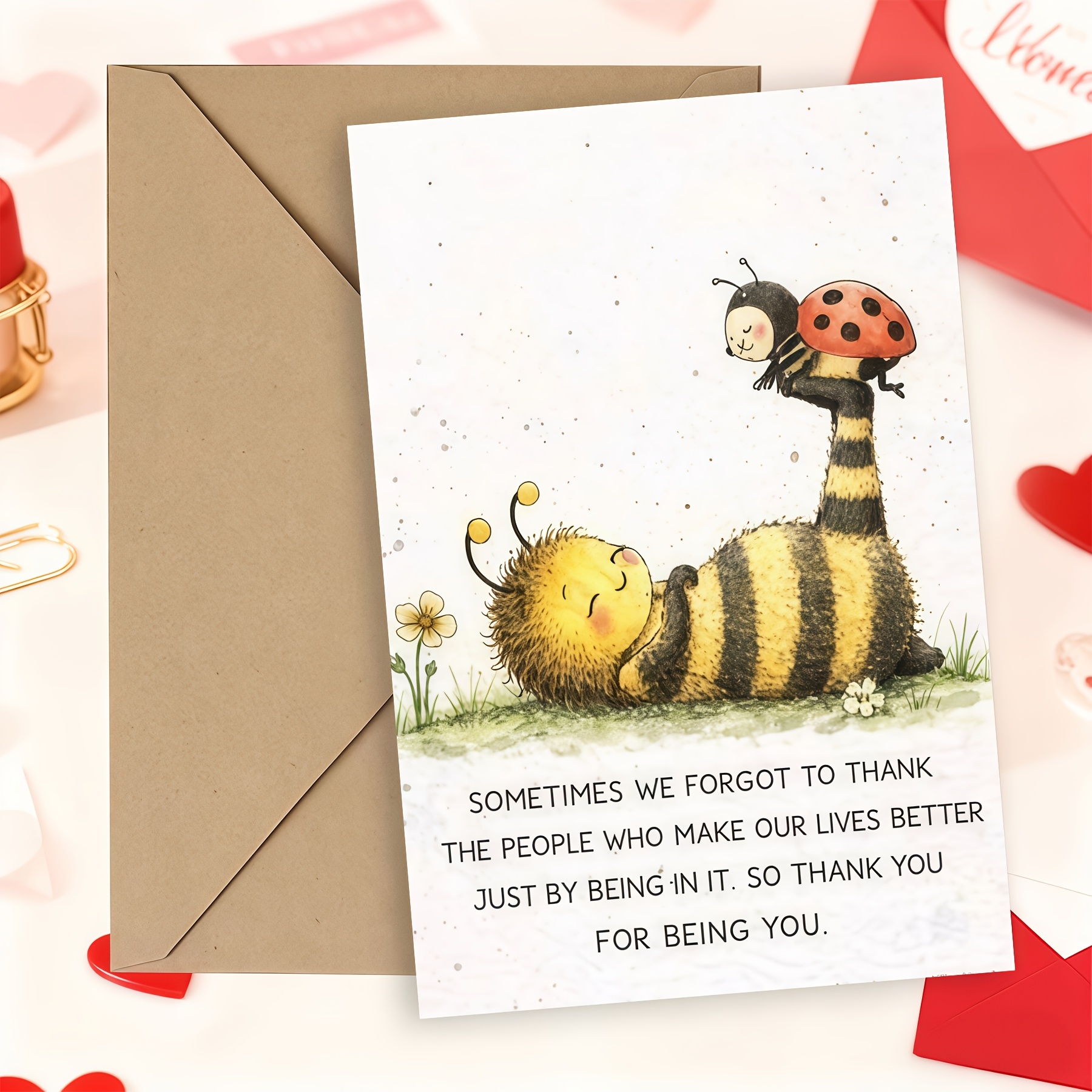 TEMU Whimsical Thank You Card, Featuring A Watercolor Bee And Ladybug, With "thank You For " On A Soft Background, Gentle And .