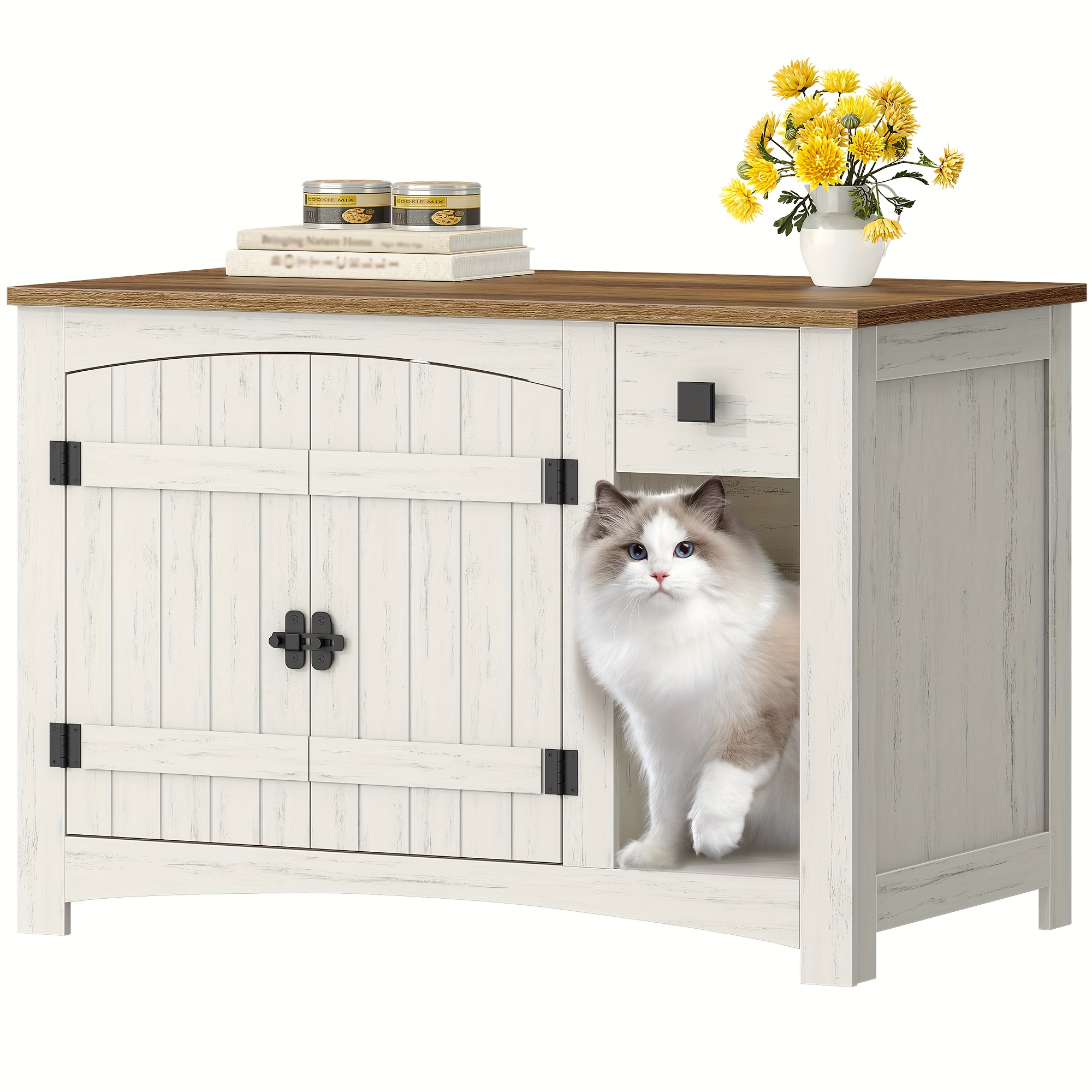Cabinet For Cat Litter, Featuring A Door And Drawers, Suitable For Cats, Used As A Side Table In The Bedroom Or Living Room, Dimensions 85 X 50 X 58.2 Cm, In A And White End