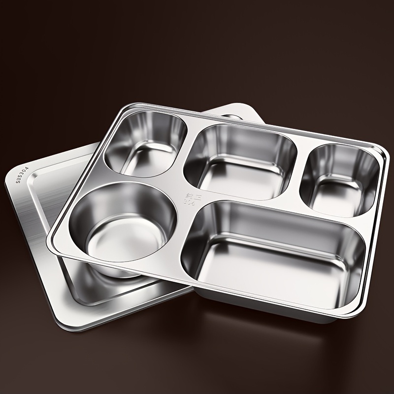 Lunch Compartment Tray, 1Pc Stainless Steel Divided Plate Rectangular 4  Sections Food Serving Tray 