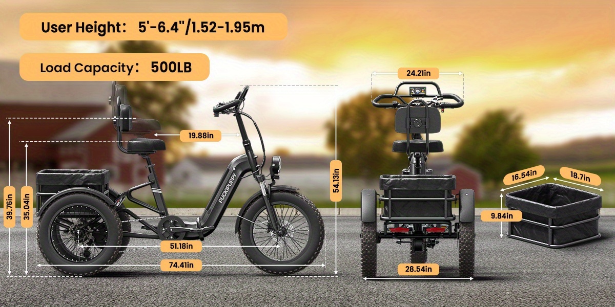 full suspension   for   heavy duty all terrain 20 tire trike with 48v 720wh battery 75 mile range 19mph     torque sensor large basket turn   front rear suspension dual   cargo carrier ideal for men women urban off road riding compatible with 100 240v     voltage Product details 10
