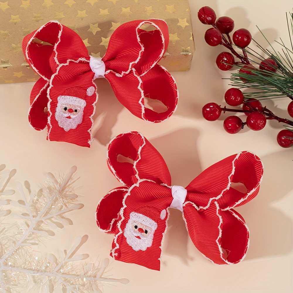 

2 Pcs Christmas Hair Clips For Teens - Cute Embroidered Santa, Gingerbread, Reindeer Designs - Polyester Bow Hair Accessories For Girls - Themed Hair Clips For Gifts