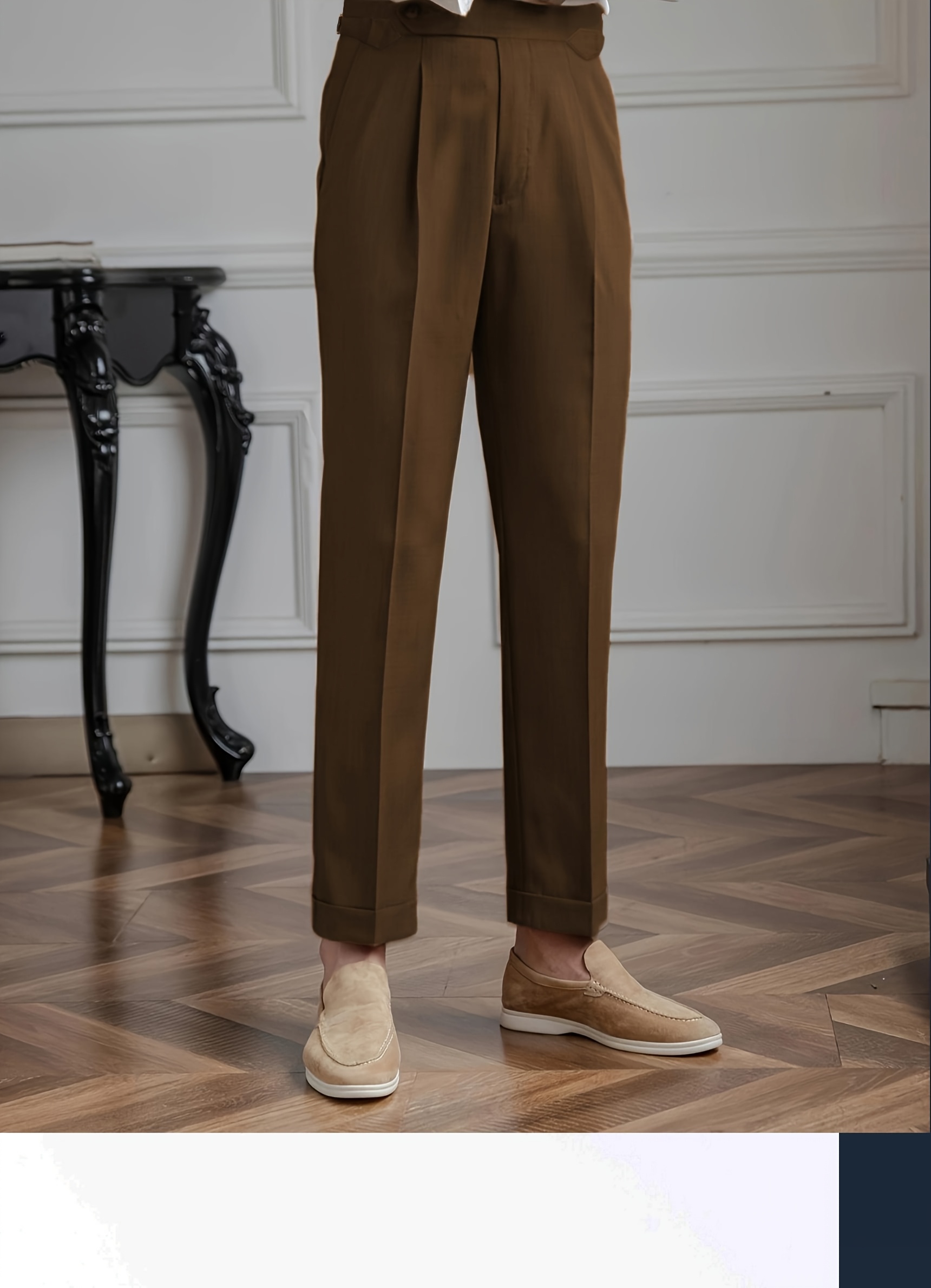 Men's Vintage-Style Brown Dress Pants - Non-Stretch Polyester, Smooth Gloss Fabric, Regular Fit with Side Pockets, Ideal for Professional and Semi-Formal Wear, Semiformal Trousers|Vintagestyle Pants|Smooth Glossy Finish details 4