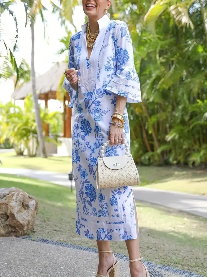 womens v neck flared sleeve h shaped split dress casual printed long skirt Product details 3
