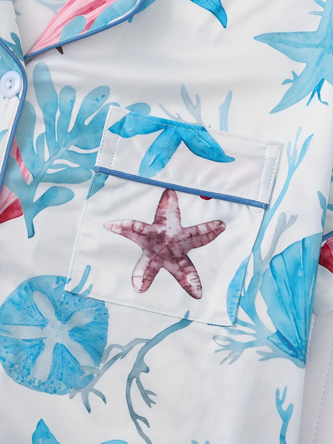 two piece womens elegant polyester pajama set knitted fabric comfortable for   short sleeved button top collar and same shorts with   seaweed print and pocket details suitable for adult pajama set Product details 5