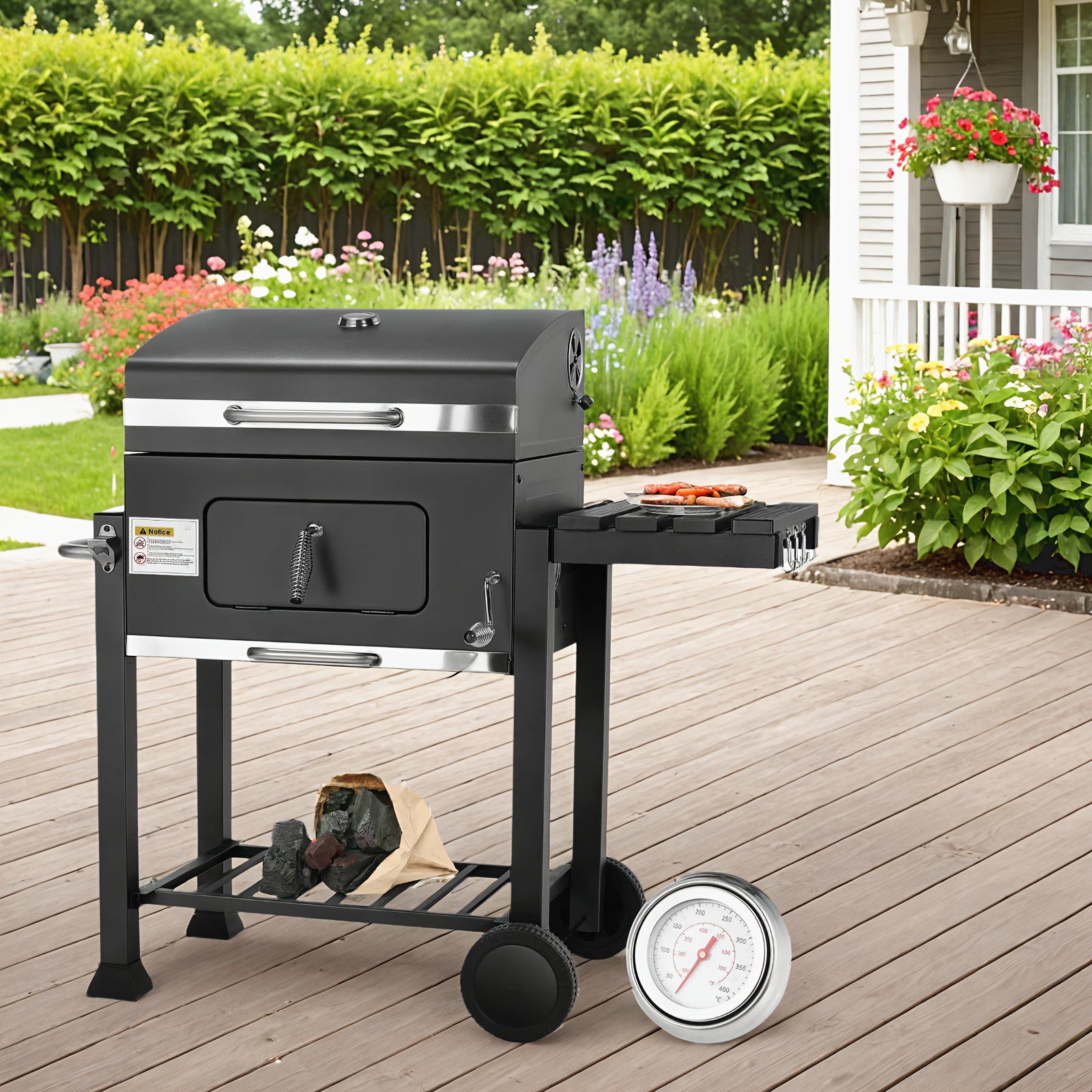 TEMU Outdoor Stove, Outdoor Cooker, Outdoor Grill, Grill Trolley, Charcoal Grill With Lid, Charcoal Grill With Wheels, Thermometer And Height