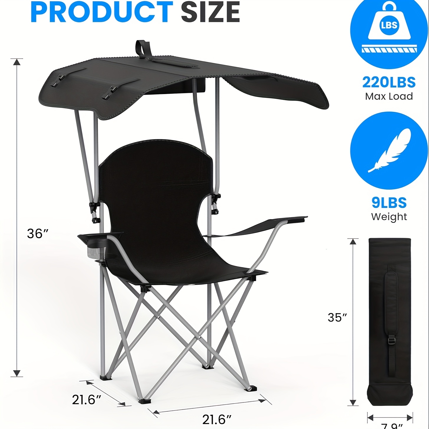 TEMU Folding Camping Chairs : Sports Portable Beach Chair With Canopy-lawn Beach Chairs With Umbrella For Adults-camping Chair With Shade For Fishing Camp Heavy Duty