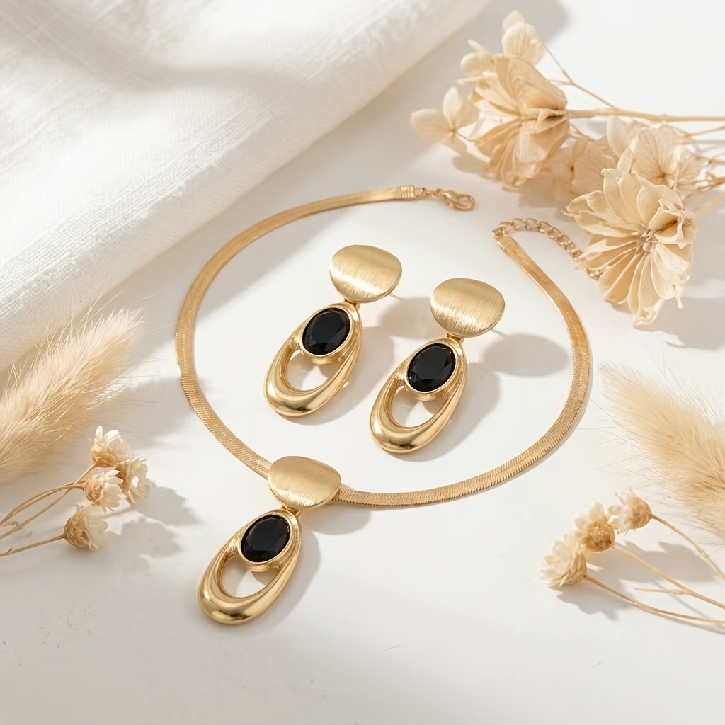 Golden Brushed Black Faux Gemstone Geometric Jewellery Set
