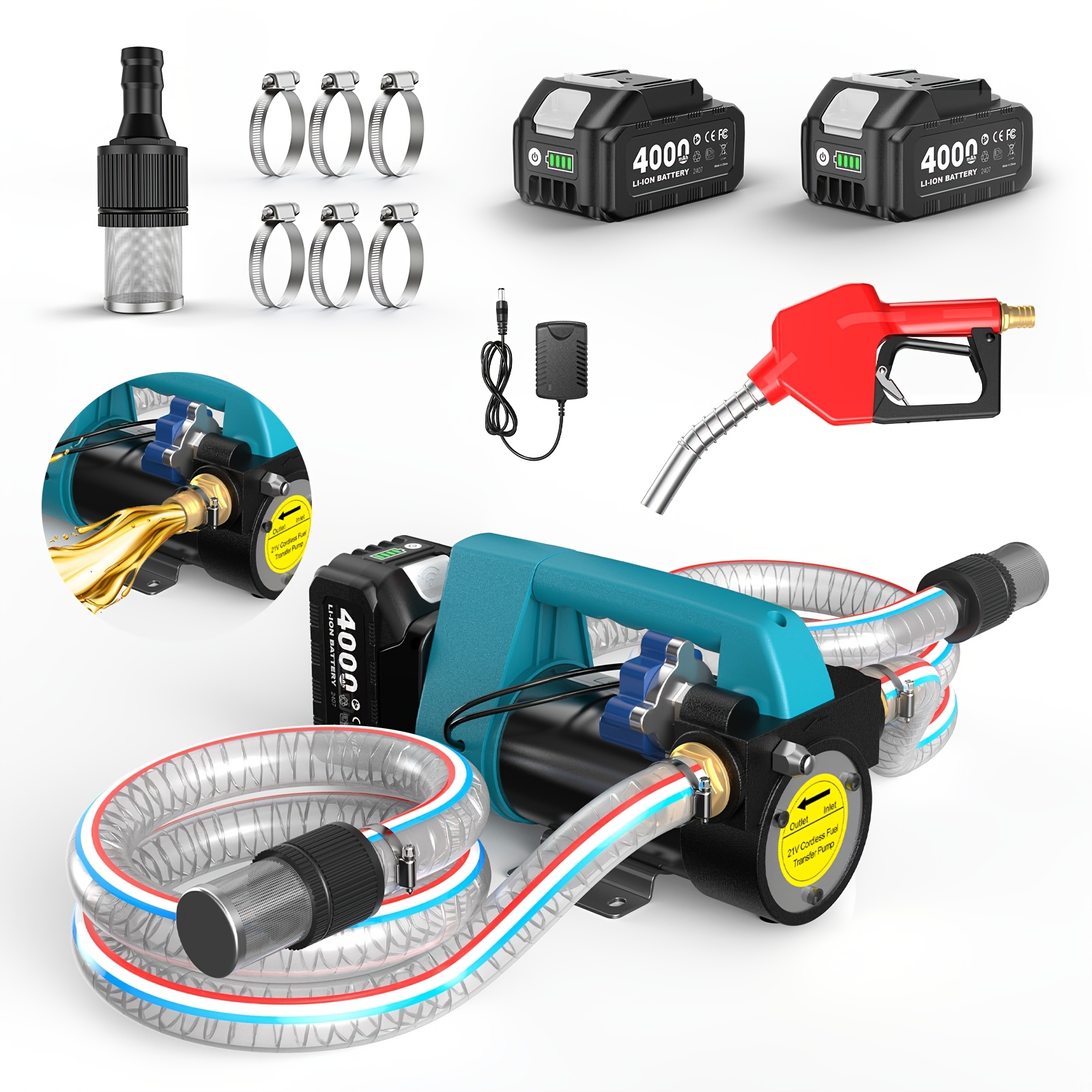 TEMU Pompe de transfert de carburant Seesii alimentée par batterie, 21V pour pompe de transfert de diesel avec 2 batteries de 4.0Ah, 12 GPM portable
