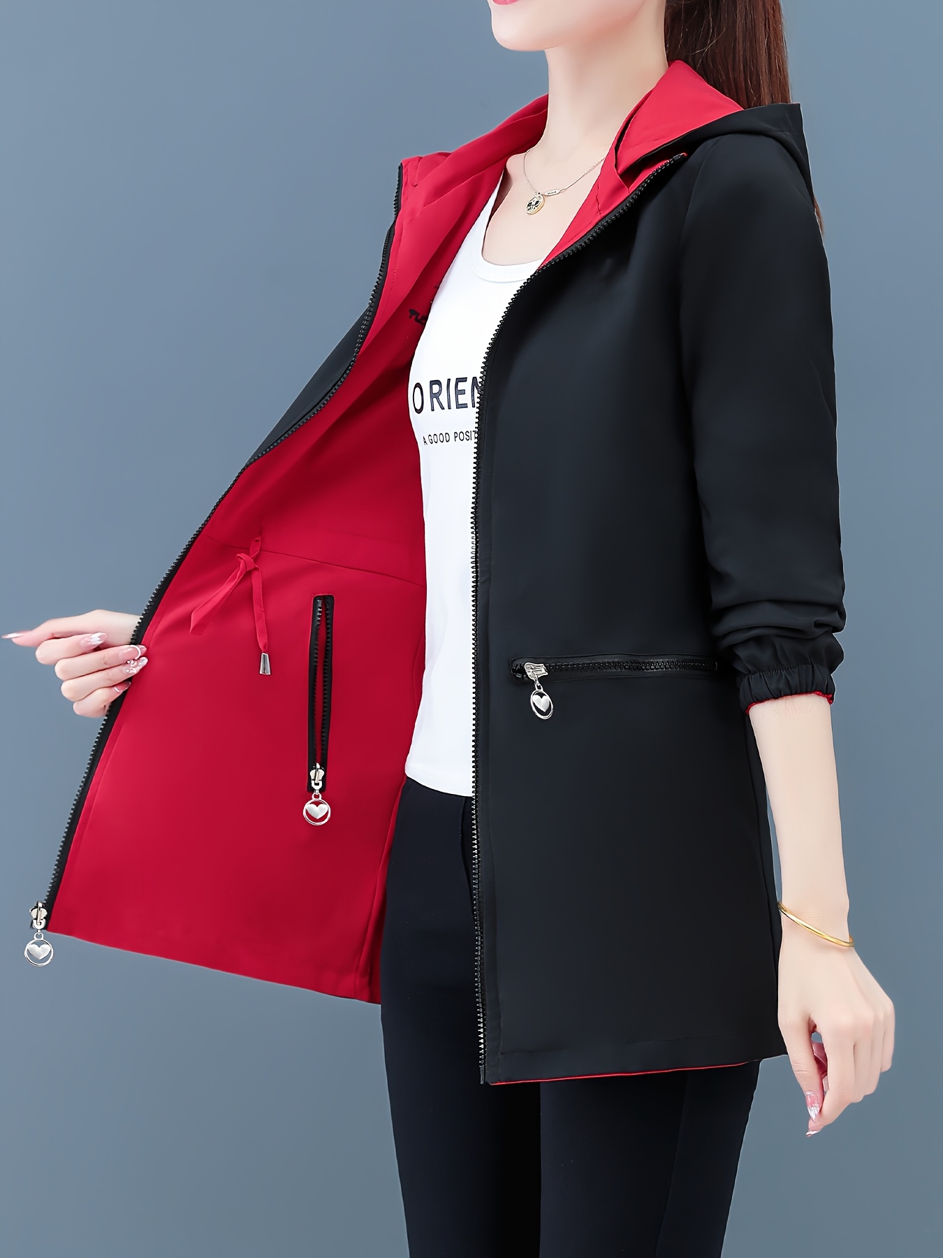 Chaqueta reversible larga para mujer de dos lados, abrigo cortavientos con cintura ajustable, cierre de cremallera delantera/trasera, color verde oliva/tela sin estirar, para oficina, fiestas, uso diario, lavable a máquina, ropa exterior de otoño y primavera, prenda casual con capucha, ideal para capas