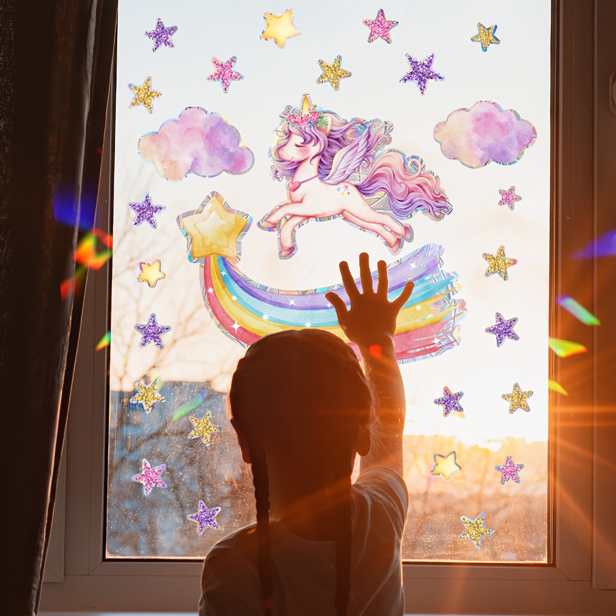 Rainbow Unicorn Star Glitter Sunlight Electrostatic Window Sticker