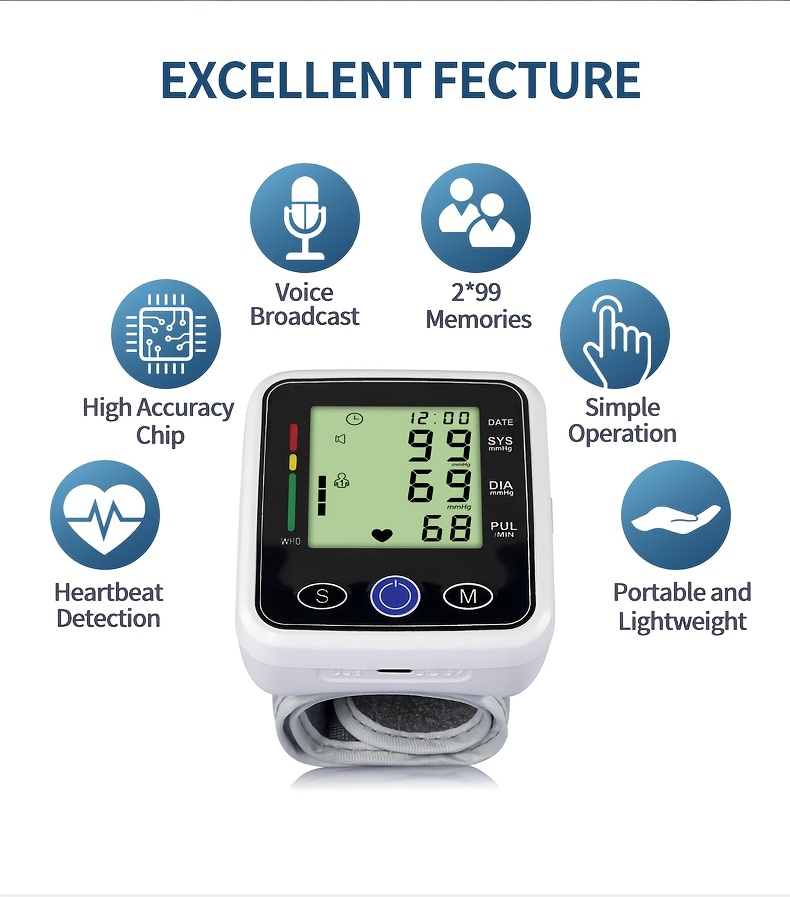 wrist blood pressure monitor sphygmomanometer voice large screen display heart rate and blood pressure dual detection suitable for family   management prevention of cardiovascular disease 2x99 group reading storage without battery Product details 1