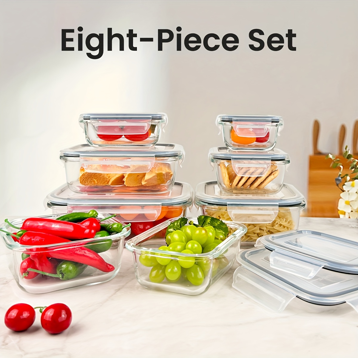 8   glass food storage containers airtight leak proof microwave oven dishwasher freezer safe bpa free stain resistant square containers with   lids for meal prep bento boxes     vegetables kitchen organization easy     Product details 5