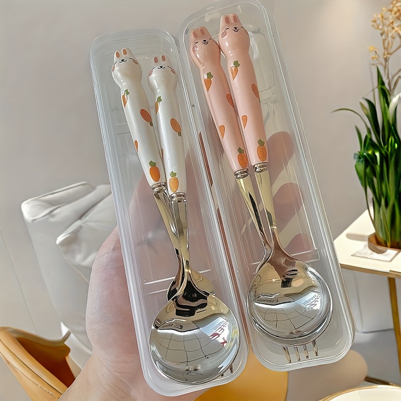

Cute Rabbit Stainless Steel Spoon & Fork Set With Portable Case - Ideal For Students, Adults, And Outdoor Dining