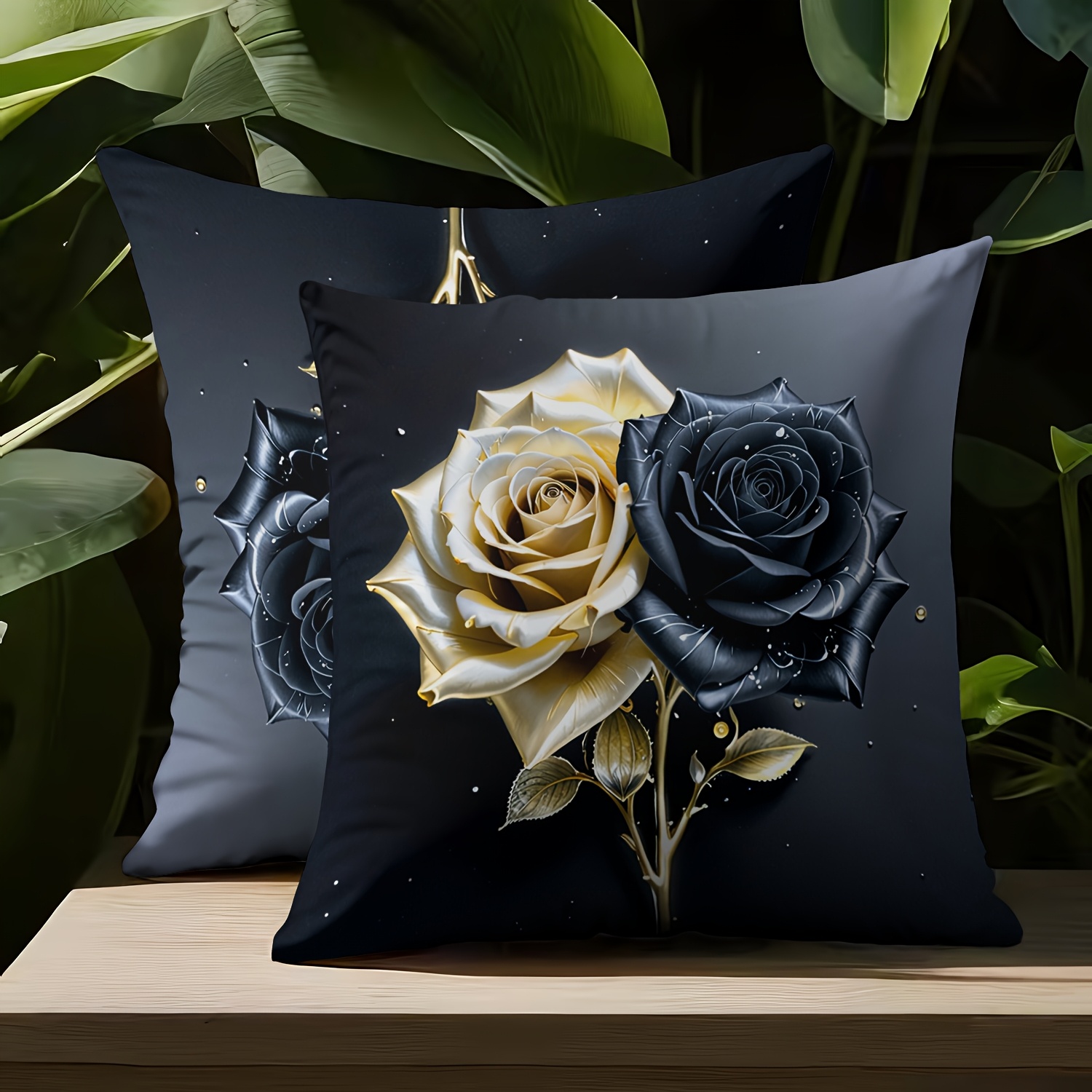 TEMU 2pcs, High Quality Short Plush, Beautiful Floral Black Rose Pattern Pillowcase, Contemporary Style Pillowcase, Double-sided Print 18 Inches*18