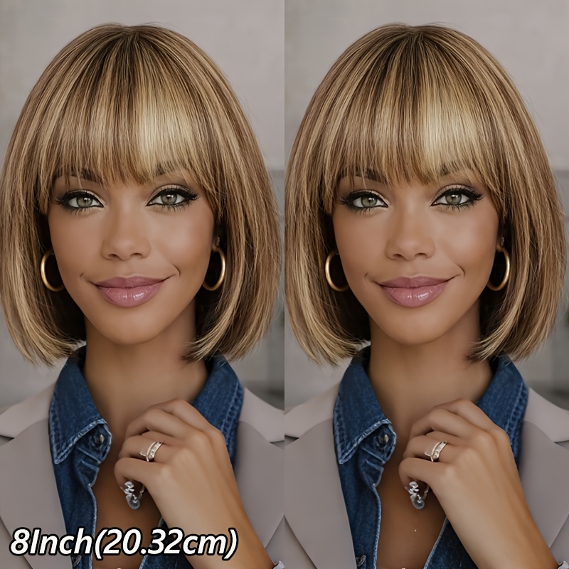Women' Human Hair Short Bob Wig With Bangs - Straight Hair Suitable For , Elastic Full Wig For Daily Wear, Machine-made Bob Wigs For /european/p4/27 Color Hair