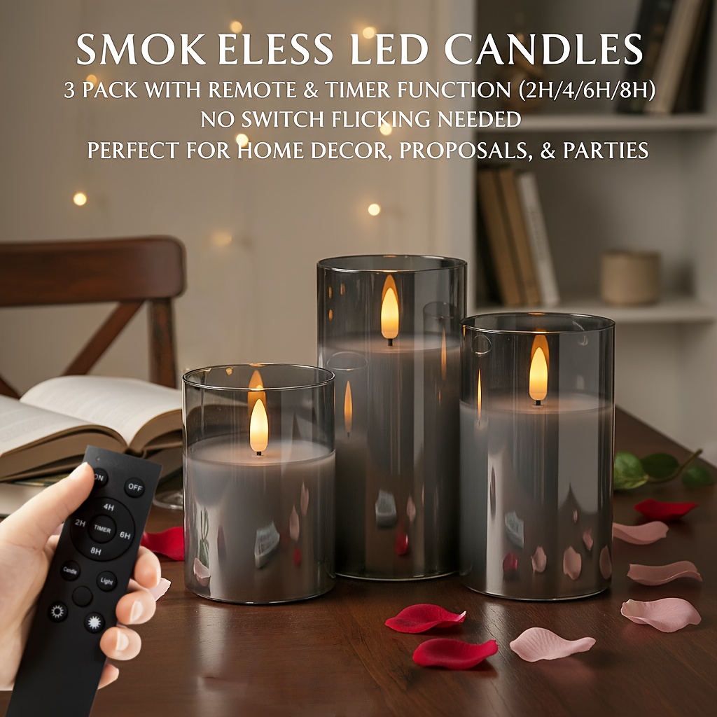 TEMU A Set Of 3 Flameless Gray Battery-powered Candles With Timer And Stylish Large Remote Control. Batteries Not Included. Led Flickering Pillar