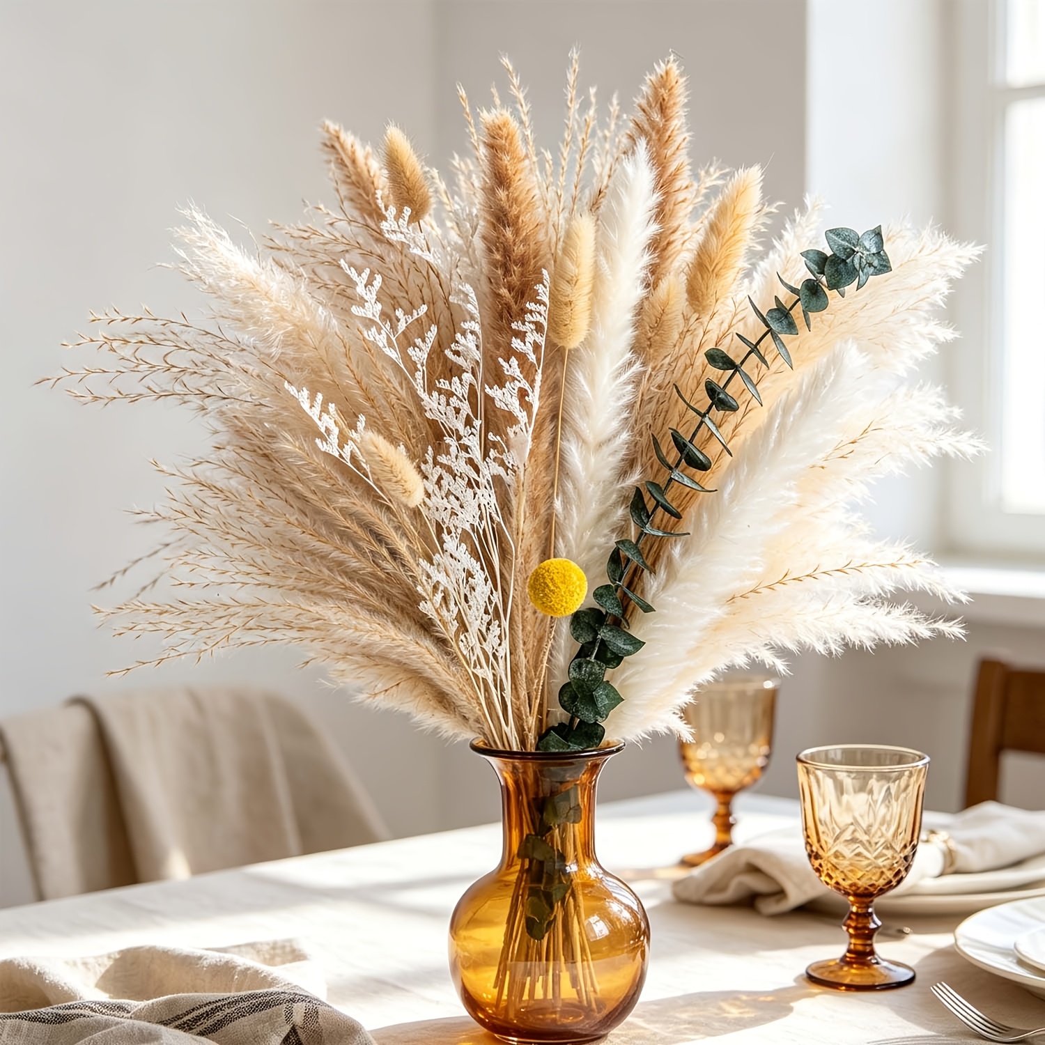 TEMU 79pcs Rustic Farmhouse Dried Flowers Bouquet Pampas Grass Eucalyptus Bunny Tails Artificial Flowers For Bedroom Entryway Decor