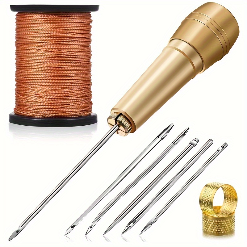 

6-piece Leather Sewing Awl Set With Copper Handle - Includes 50m Nylon Cord, 2 Thimbles, And Needles For Hand Stitching, Shoe & Leathercraft Repair Tools