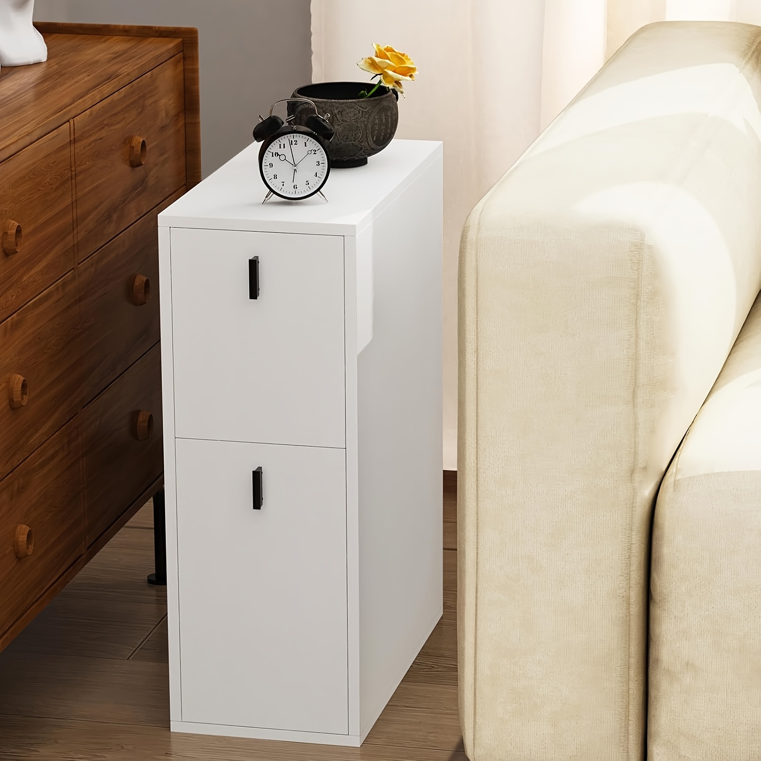 Narrow White Side Table With 2 Drawers, Suitable For A Sofa, Bedroom, Or Living Room, Measuring 25x50x70 Cm