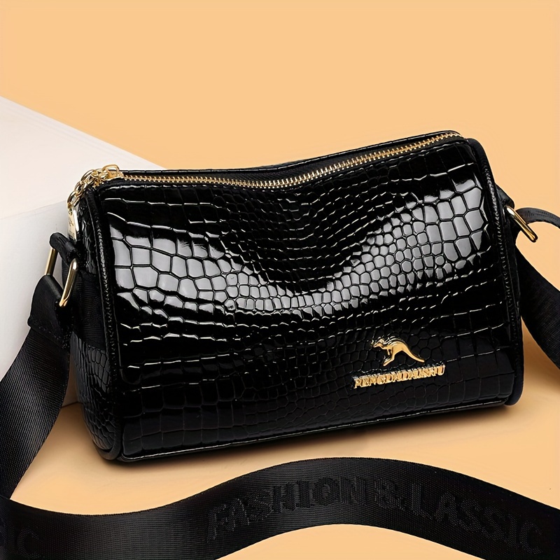 

Chic Black Snakeskin Pattern Crossbody Bag With Wide Strap - Spacious Leather Shoulder Purse For Women, Cute Crossbody Purse