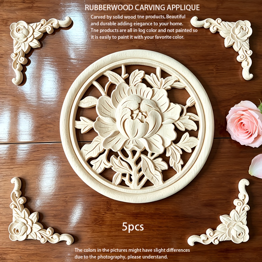 TEMU 5pcs Solid Wood Carved Wooden Craft Floral Set, Unpainted Wood, Woodworking Supplies, Exquisite Relief Solid Wood Floral Set, Suitable For