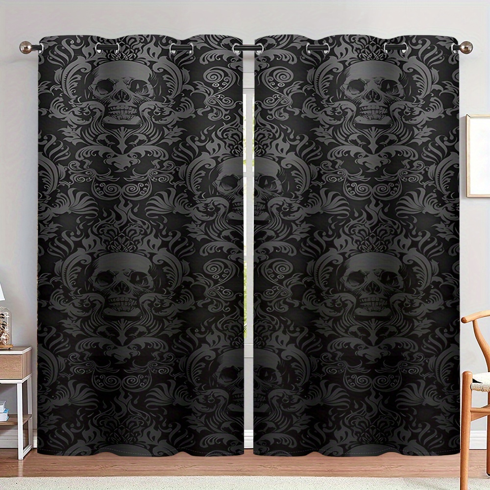 2pcs, Black Floral Pattern Mystical , Installed By Punching Method, Digital Printed Curtains, Material Light, Suitable For Living Room, Kitchen, Bedroom, Study, Hotel, Restaurant, Home Decor