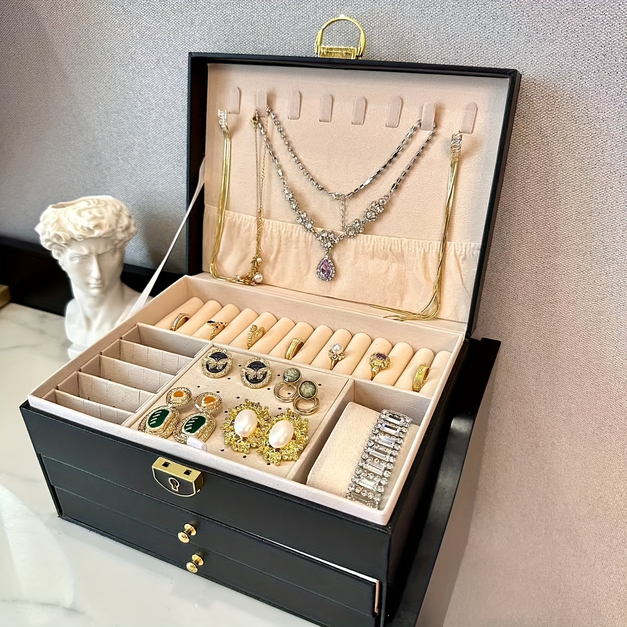 1pc elegant   leather jewelry box with key lock large capacity organizer for earrings rings necklaces bracelets vintage style desktop storage ideal gift for women mothers day present jewelry gift box jewelry boxes Product details 2