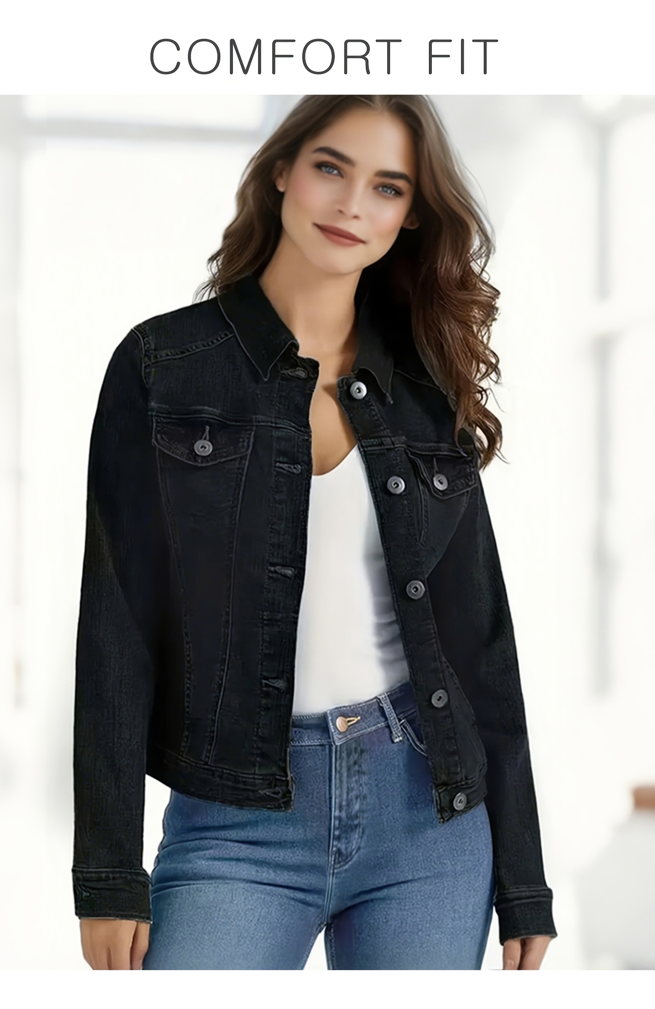 womens stretchy fashion black denim jacket classic solid Temu
