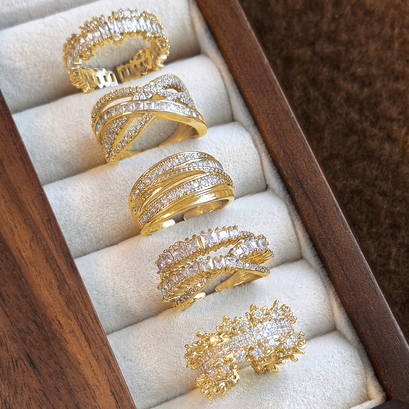 TEMU 5pcs Fashionable Cubic Synthetic Zirconia Open-back Copper Alloy Ring Set For Women's Banquet And Party Wear