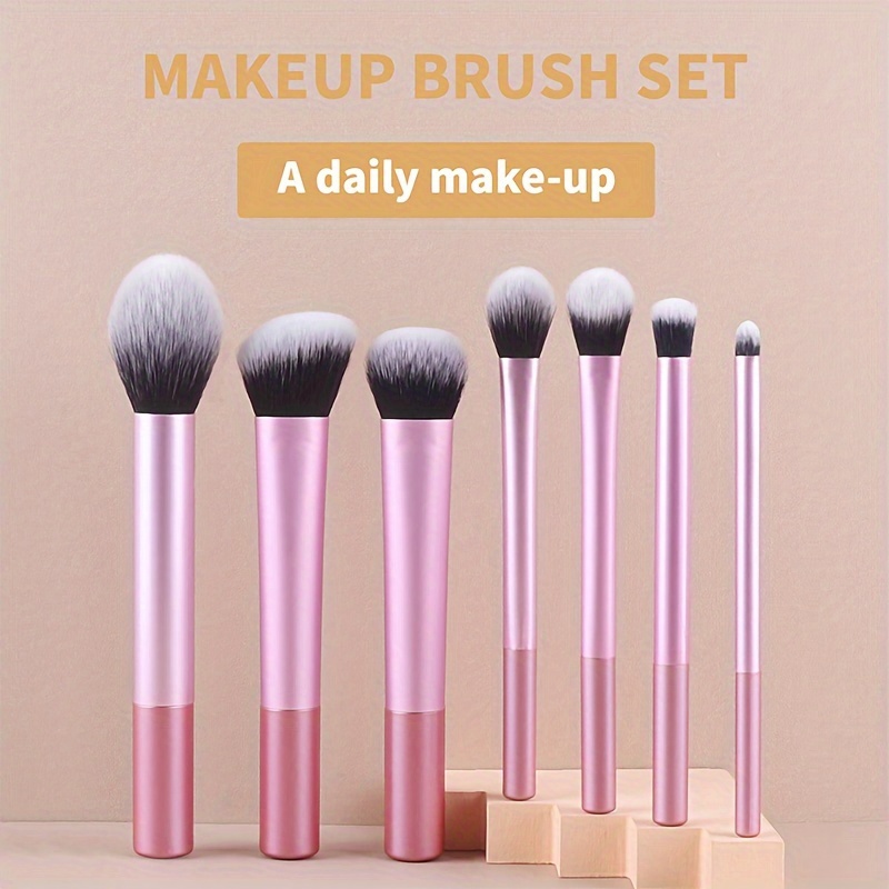 TEMU 7pcs Makeup Set - Blush, Powder, & Eyeshadow Brushes Nylon Bristles Types - -free Tools