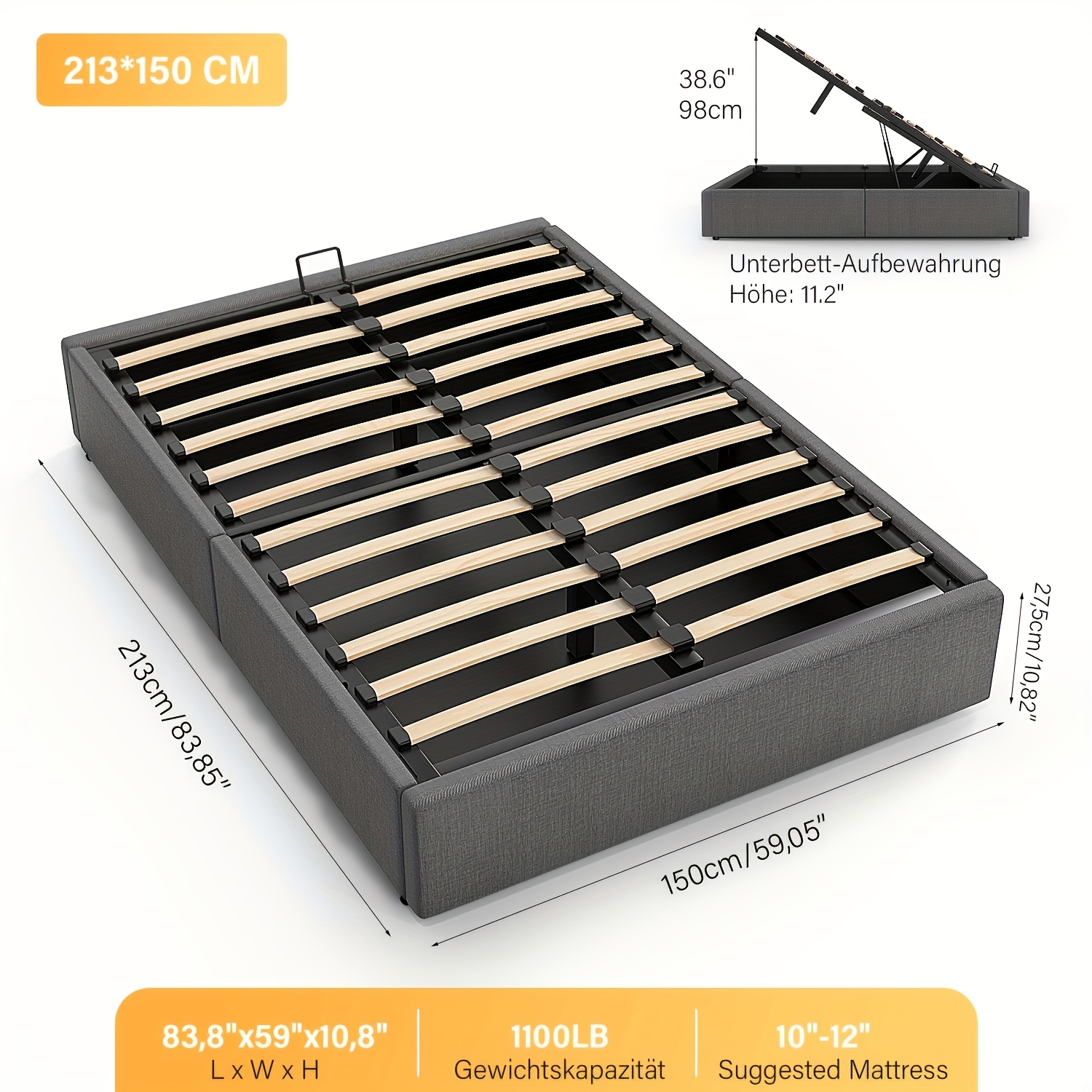 Upholstered Bed Frame With Hydraulic Lift, Double Bed Frame With Storage, Sturdy Construction, Without Mattress, 140x200cm