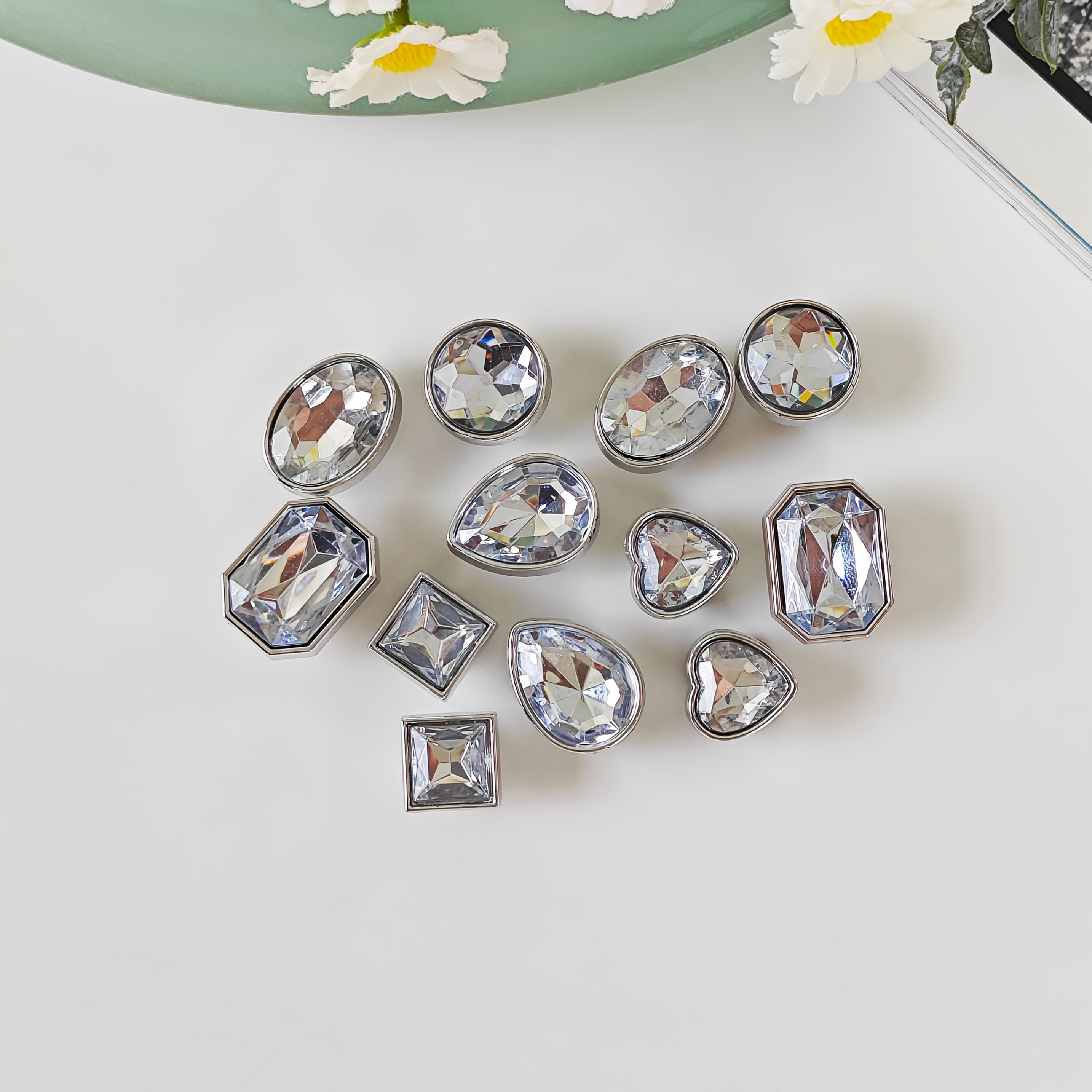 TEMU 12 piezas de adornos para zapatos, dijes brillantes plateados geométricos con diamantes de , material no metálico, estilo versátil y lindo de