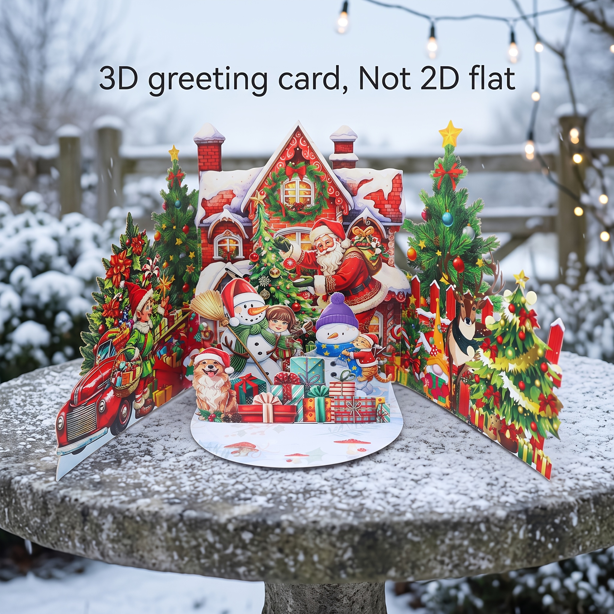 TEMU 3d Pop-up Christmas Card With Envelope, Featuring Red- Winter Scene With Santa Claus, Christmas Tree, , Snowman, Reindeer, Vintage Truck, And