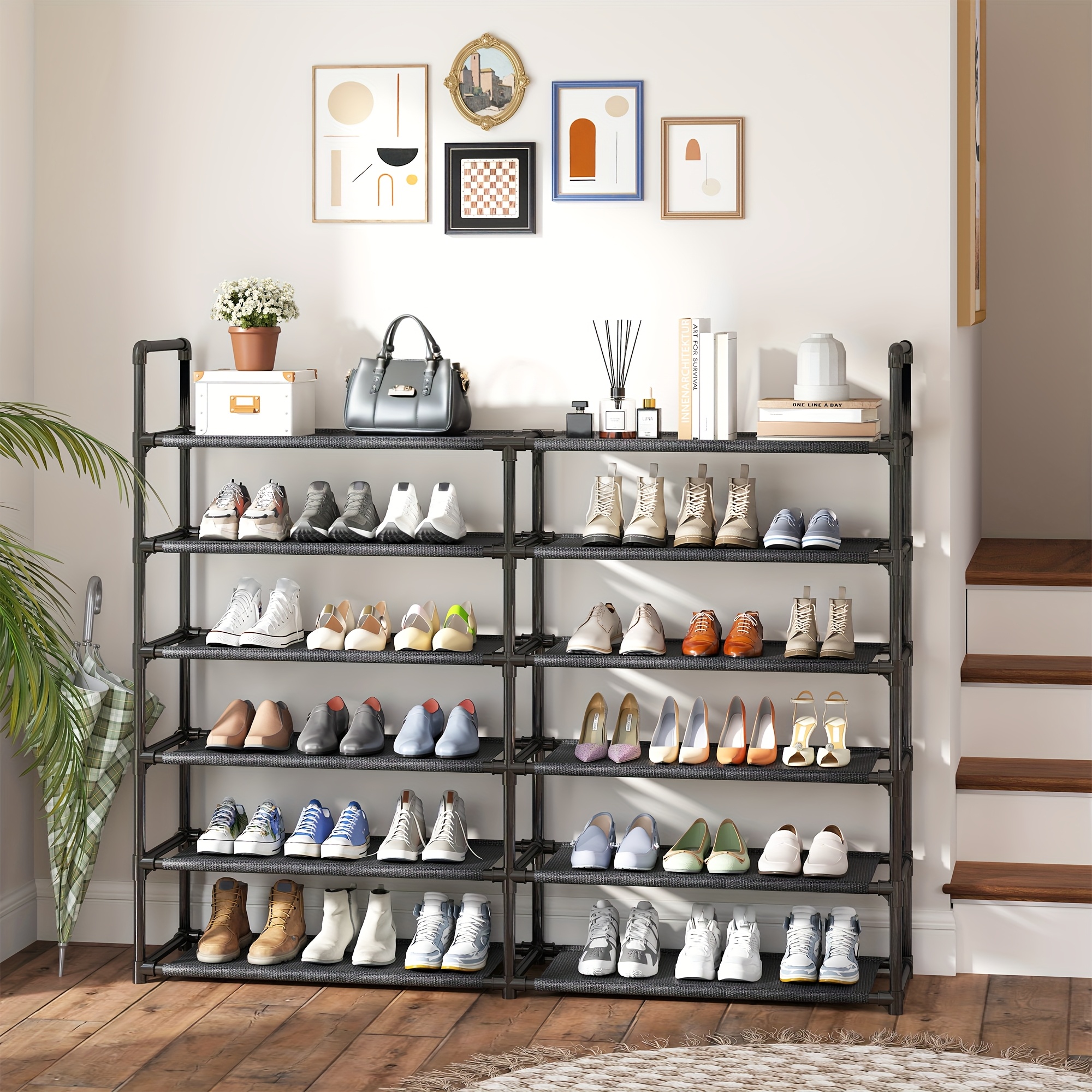 TEMU Double Row Shoe Rack For Boots - Heavy-duty Metal Free Standing Shoe Organizer, Sturdy Entryway Shoe Shelf Storage For Living Room Bedroom,