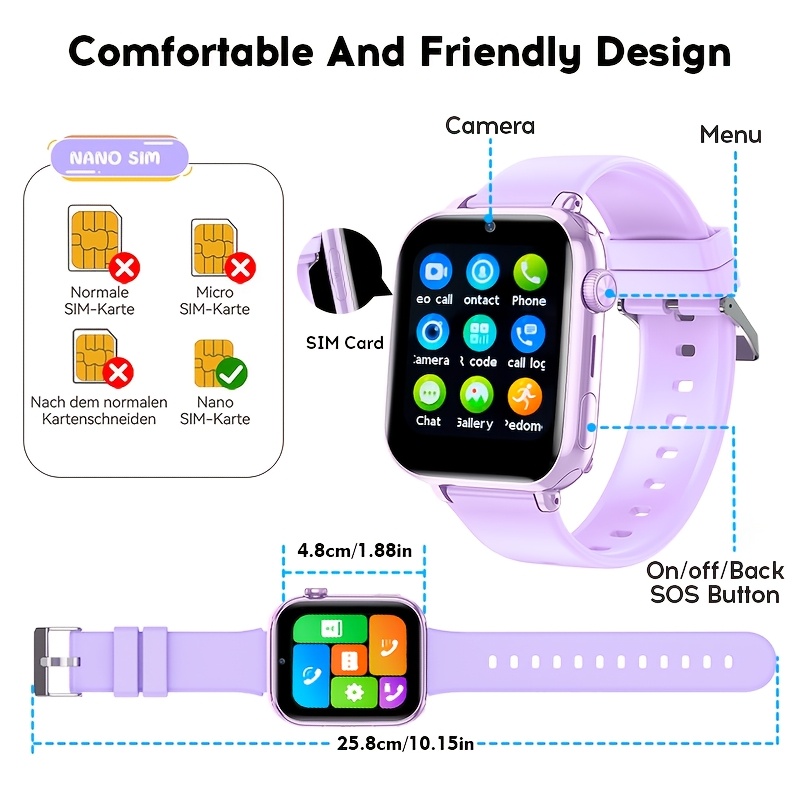 Kinder Smartwatch 4G Smartwatch LTE, GPS-tracker, Videogesprek, SOS-knop, Spraakchat, Schoolmodus, Stappenteller, Wekker, Spelletjes, Roze, Paars, Blauw, Zwart, Cadeau voor Meisjes Jongens