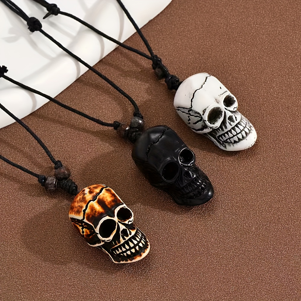 Image of 3-piece Skull Necklace, Skull Mixed Color Set, Handmade Bead Geometric Pendant Necklace, Couple Gift Decoration Necklace, Unisex Sweater Chain, Halloween Gift, Halloween Skull